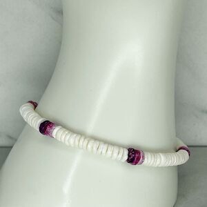 White and Purple Disc Shell Beaded Stretch Bracelet